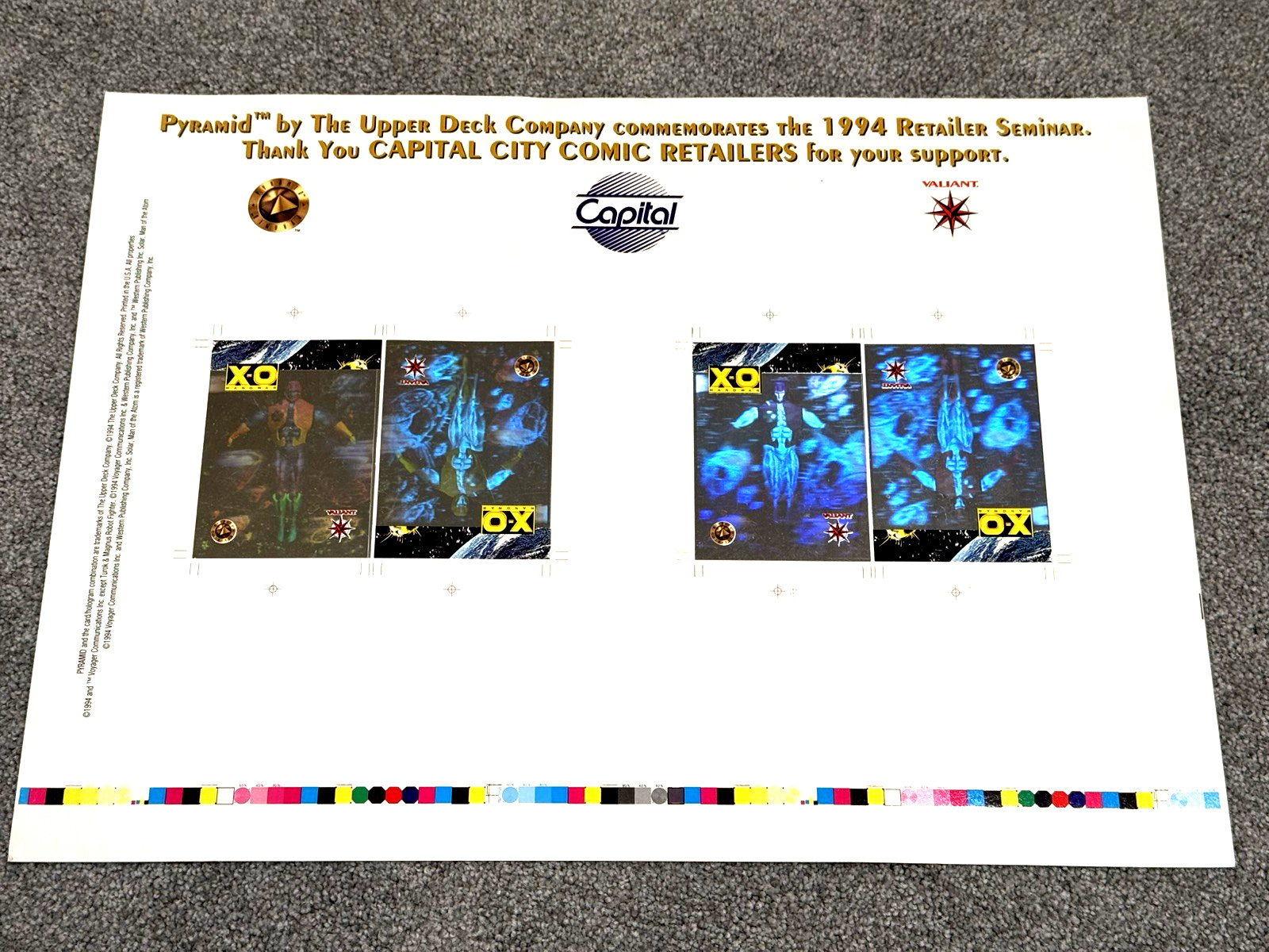 1994 Upper Deck RARO ologramma X-O MANOWAR UNCUT foglio di carte Valiant Comic Capital
