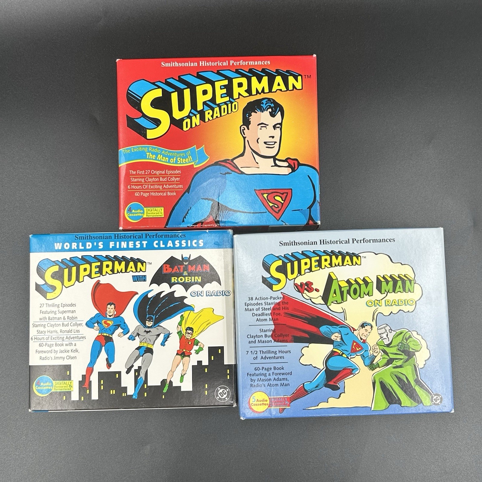 Lotto radiocassette Superman Smithsonian Batman Atom Man set 14 nastri con libri