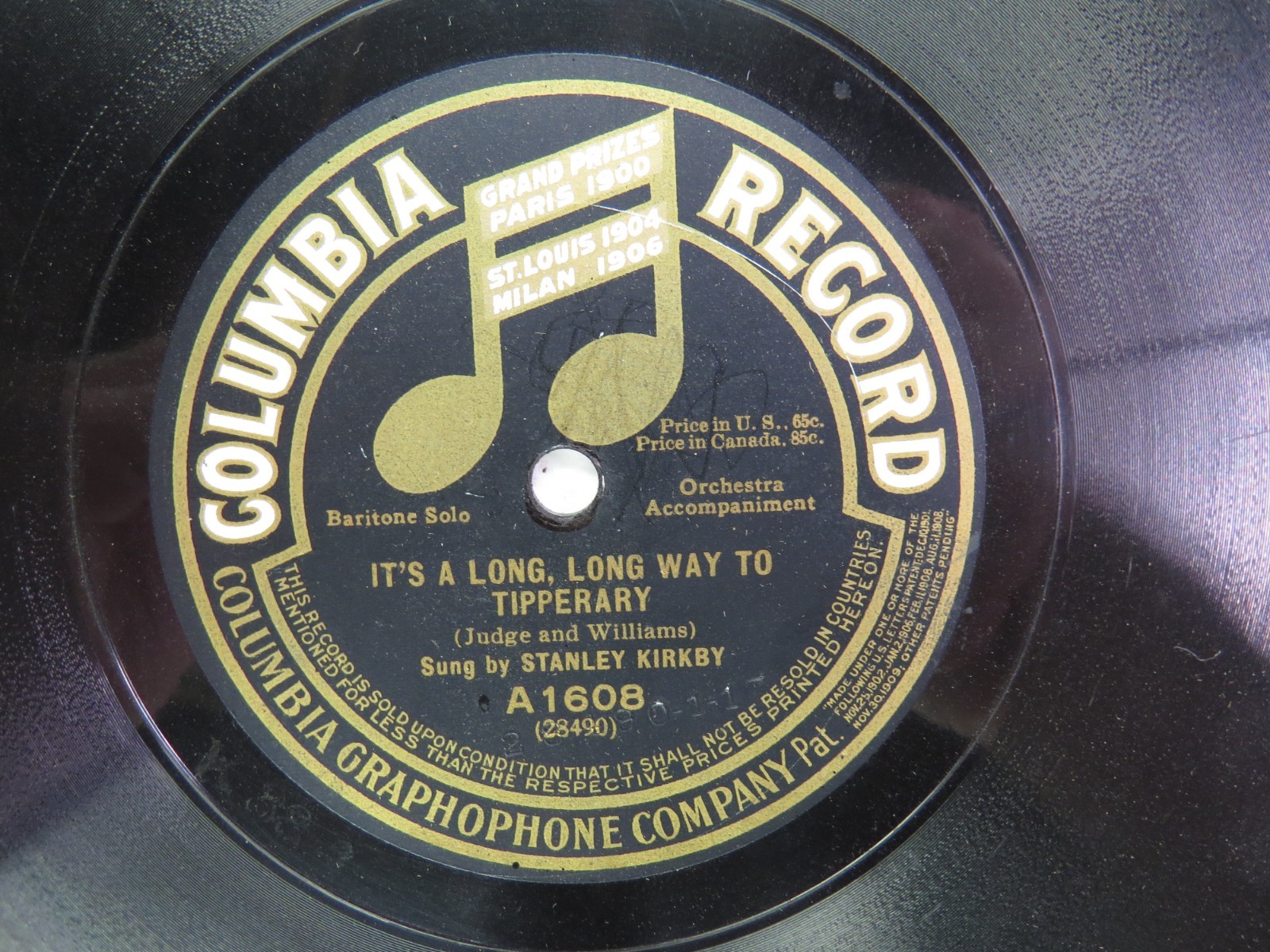 Stanley Kirkby - COLUMBIA A1608 - It's A Long, Long Way To Tipperary - WWI - 78