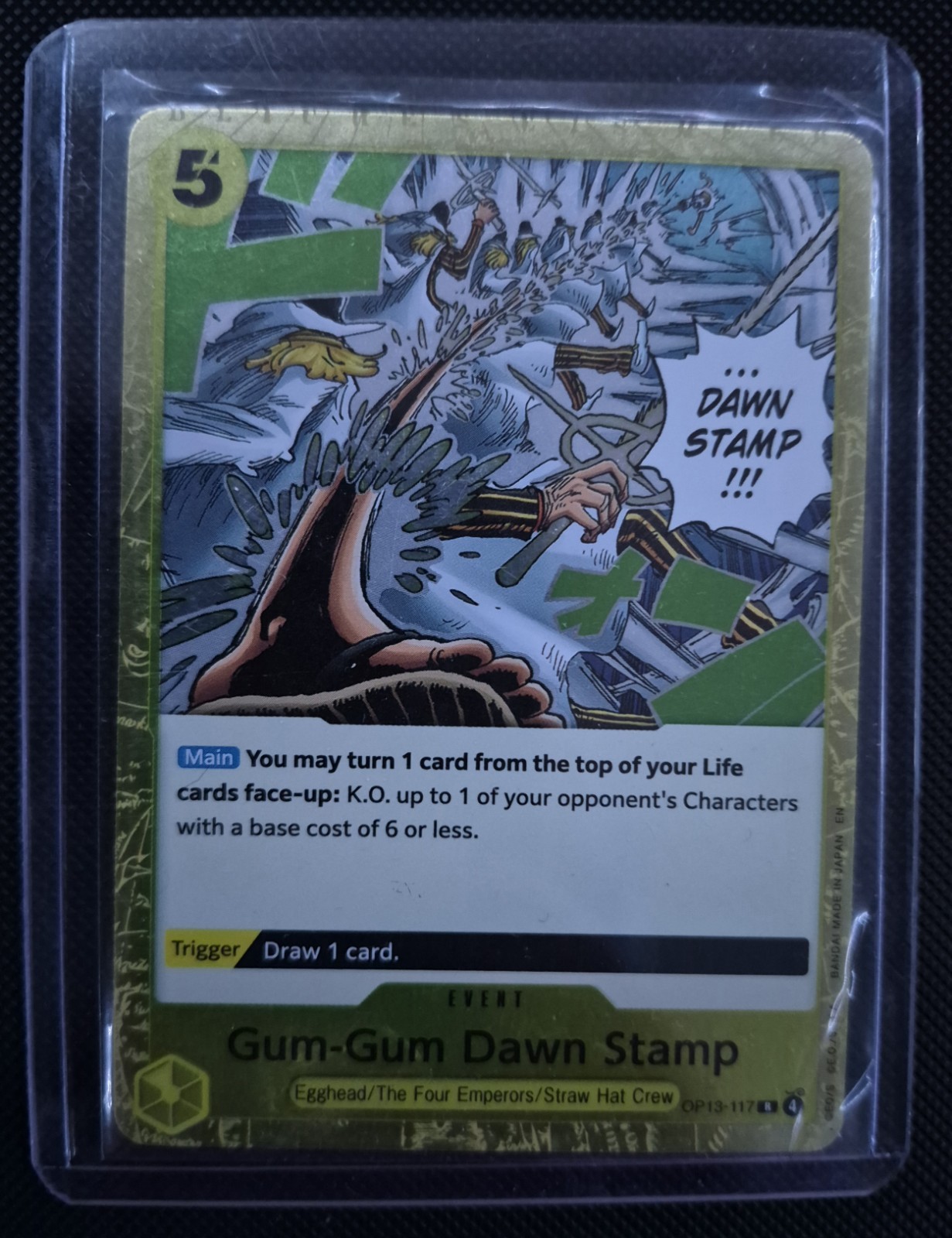 Timbro One Piece Gum-Gum Dawn OP13-117 che porta la sua lamina di volontà