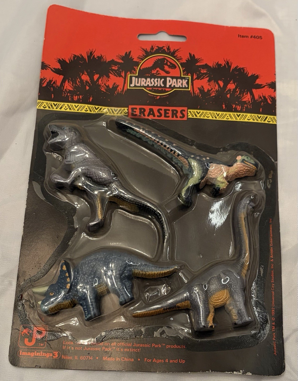 VTG  1992 JURASSIC PARK ERASERS Set Dinosaurs T Rex Triceratop Velociraptor 1992