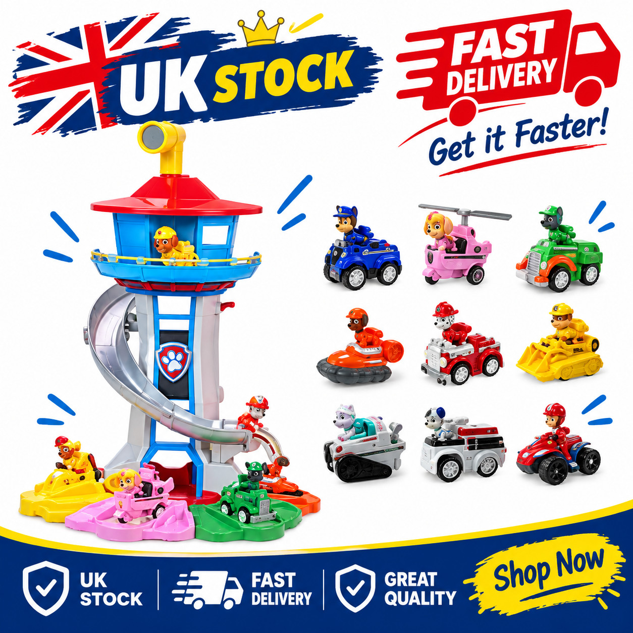 Personaggi giocattolo PAW Patrol con bicicletta Chase, Skye e Rebound 9 pezzi - Regno Unito