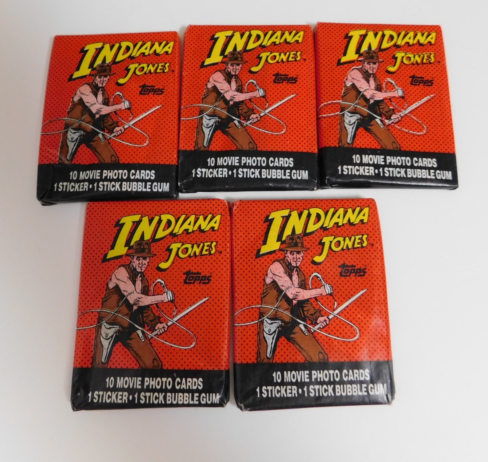 Lotto Vintage (5) CONFEZIONI di Cera Sigillate del 1984 TOPPS INDIANA JONES (Tempio) CARTE COMMERCIALI