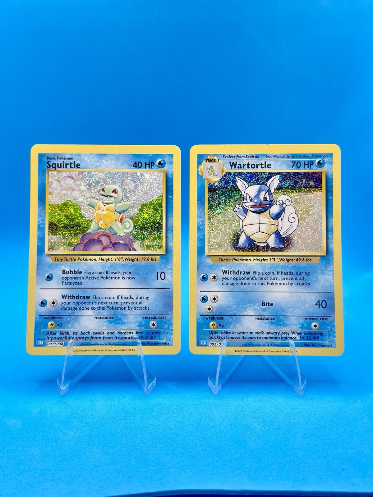 Squirtle 001/034 & Wartortle 002/034 gioco di carte collezionabili set classico olografico quasi nuovo