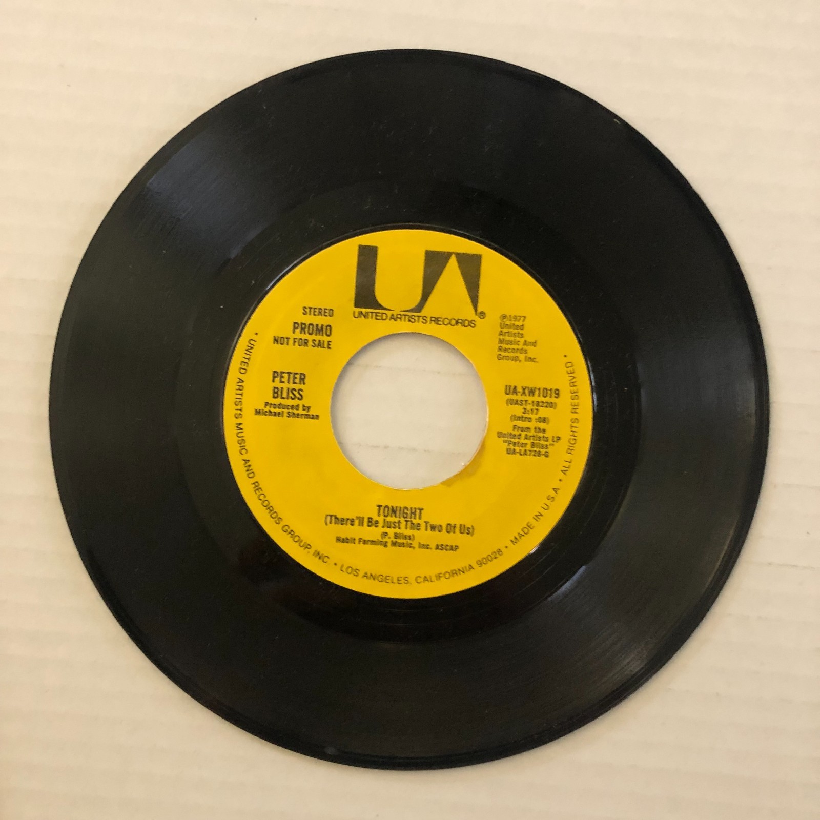 Peter Bliss - Tonight (There'll Be Just The Two Of Us) 7" 1977 UA-XW1019 promo