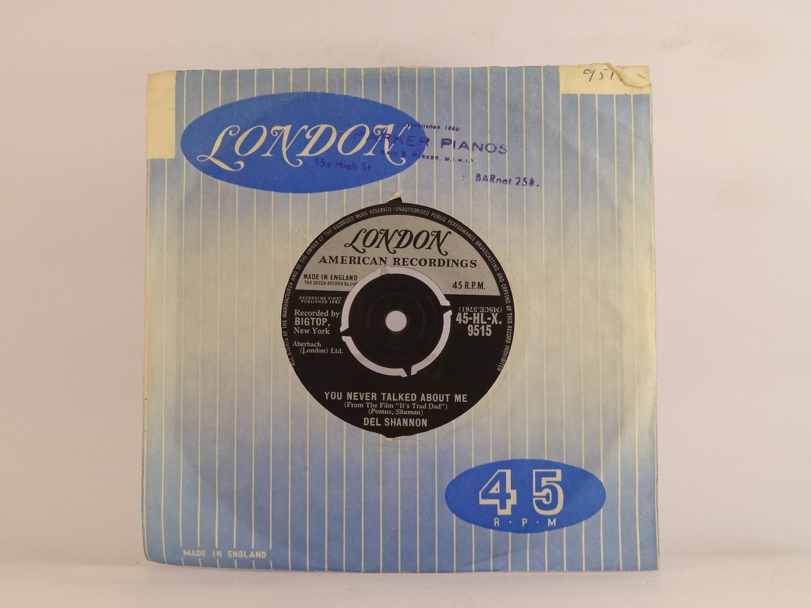 DEL SHANNON YOU NEVER TALKED ABOUT ME (111) 2 Track 7" Single including Company 