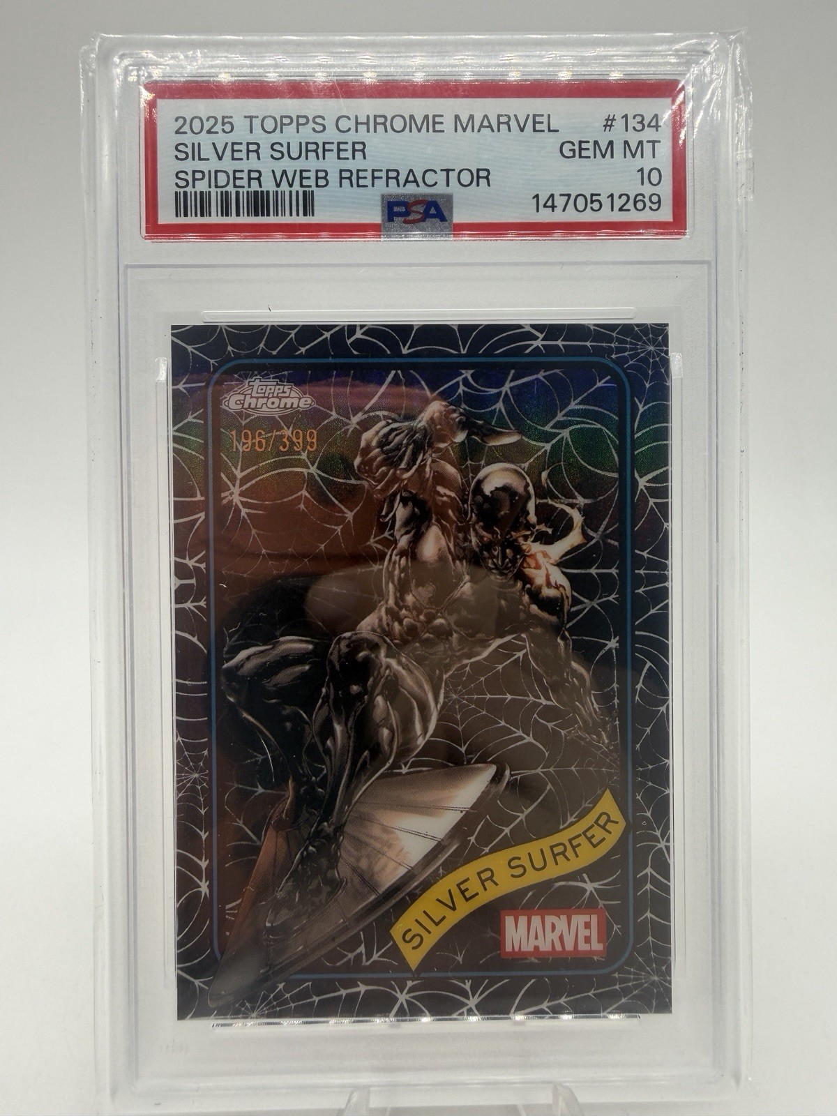 2025 TOPPS CHROME MARVEL 134 SILVER SURFER /399 Spider Web rifrattore PSA 10
