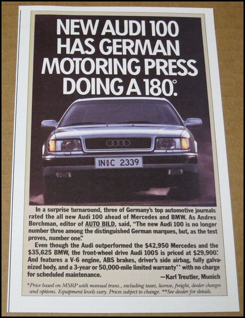 Audi 100 1992 Stampa Pubblicità Clipping 1991 Auto Pubblicità 4,75"x7,5" Vintage