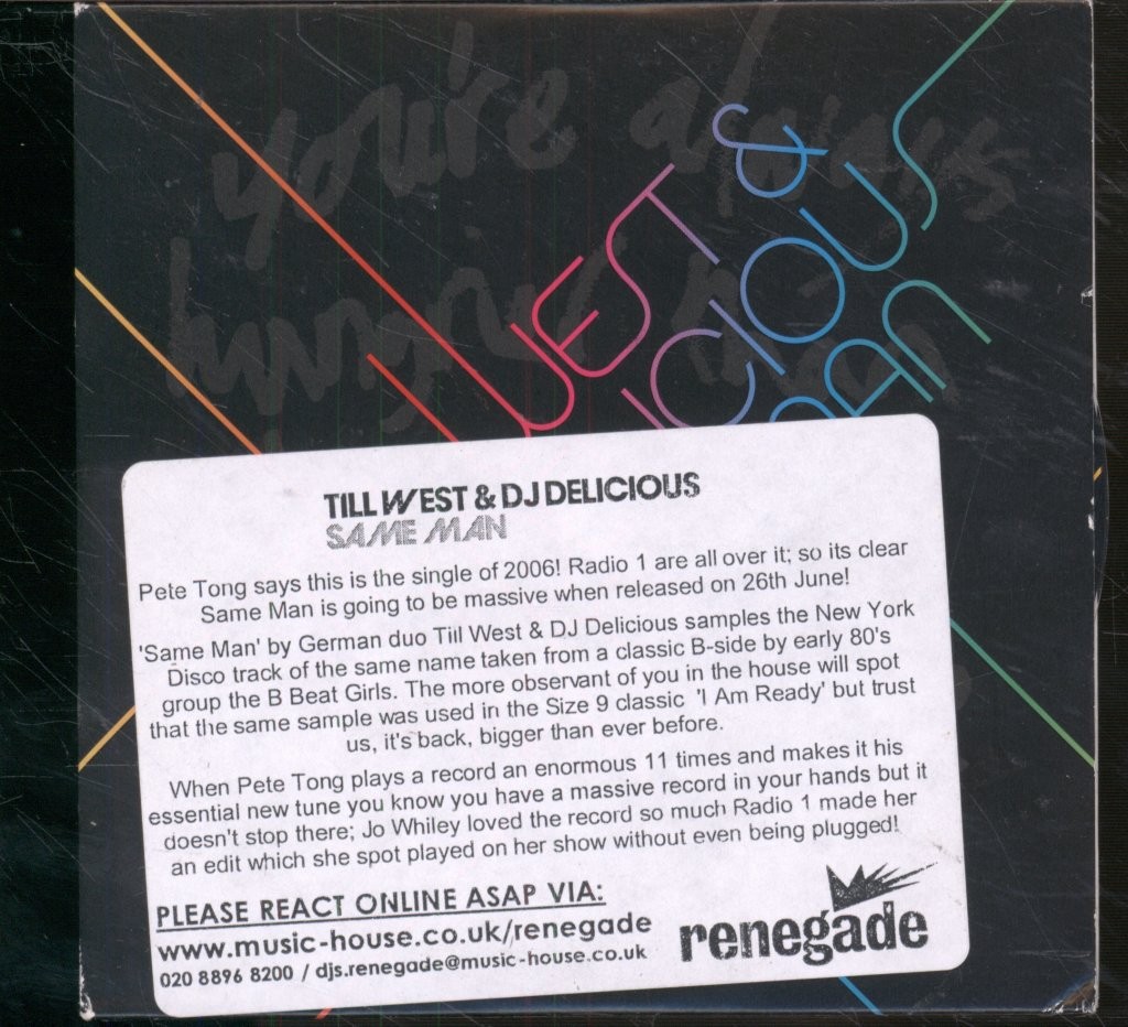Till West and DJ Delicious Same Man CD Promo UK 2006 Data119CDSP Card Sleeve