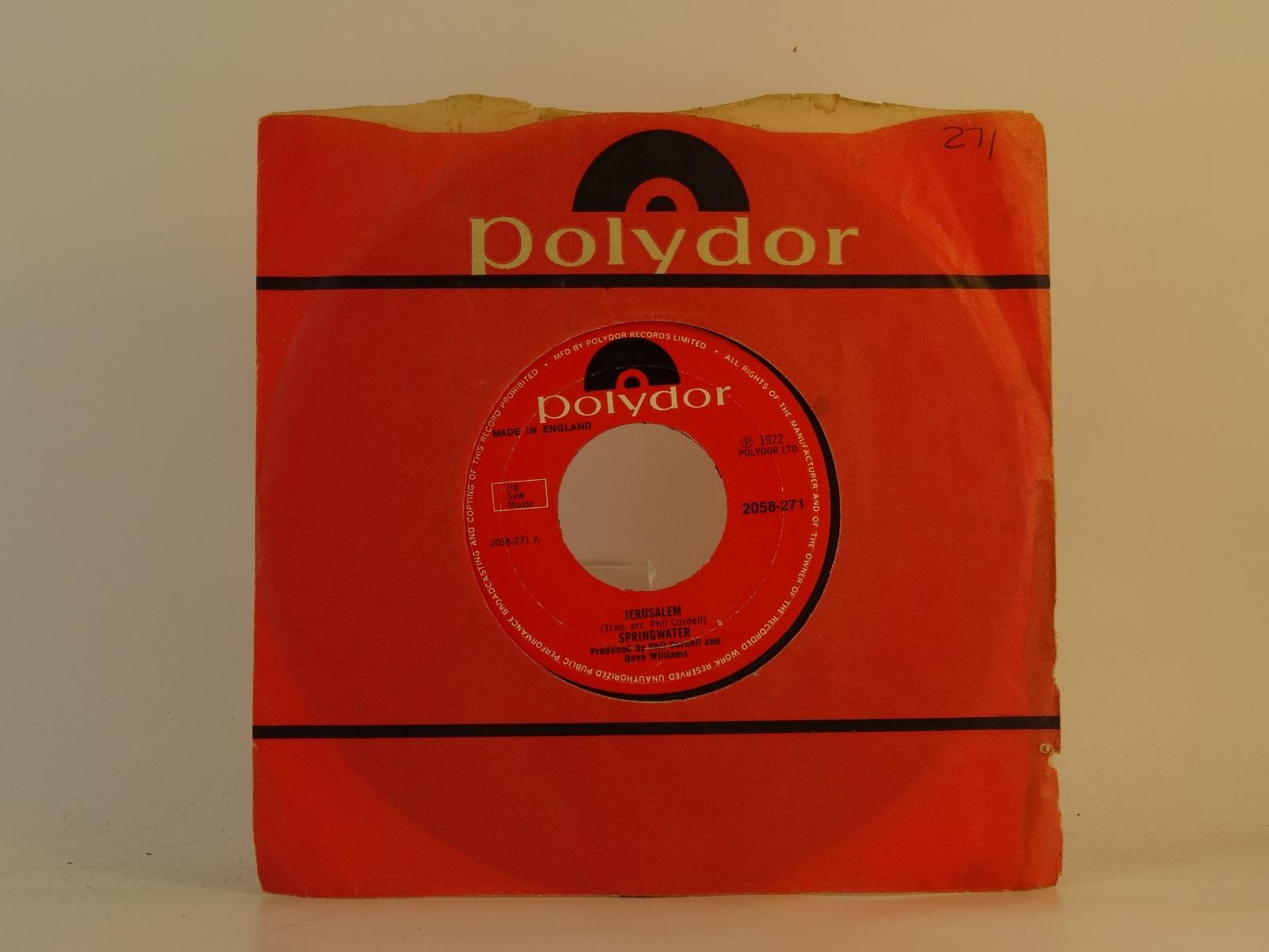 SPRINGWATER JERUSALEM (57) 2 Track 7" Single plus Company Sleeve POLYDOR