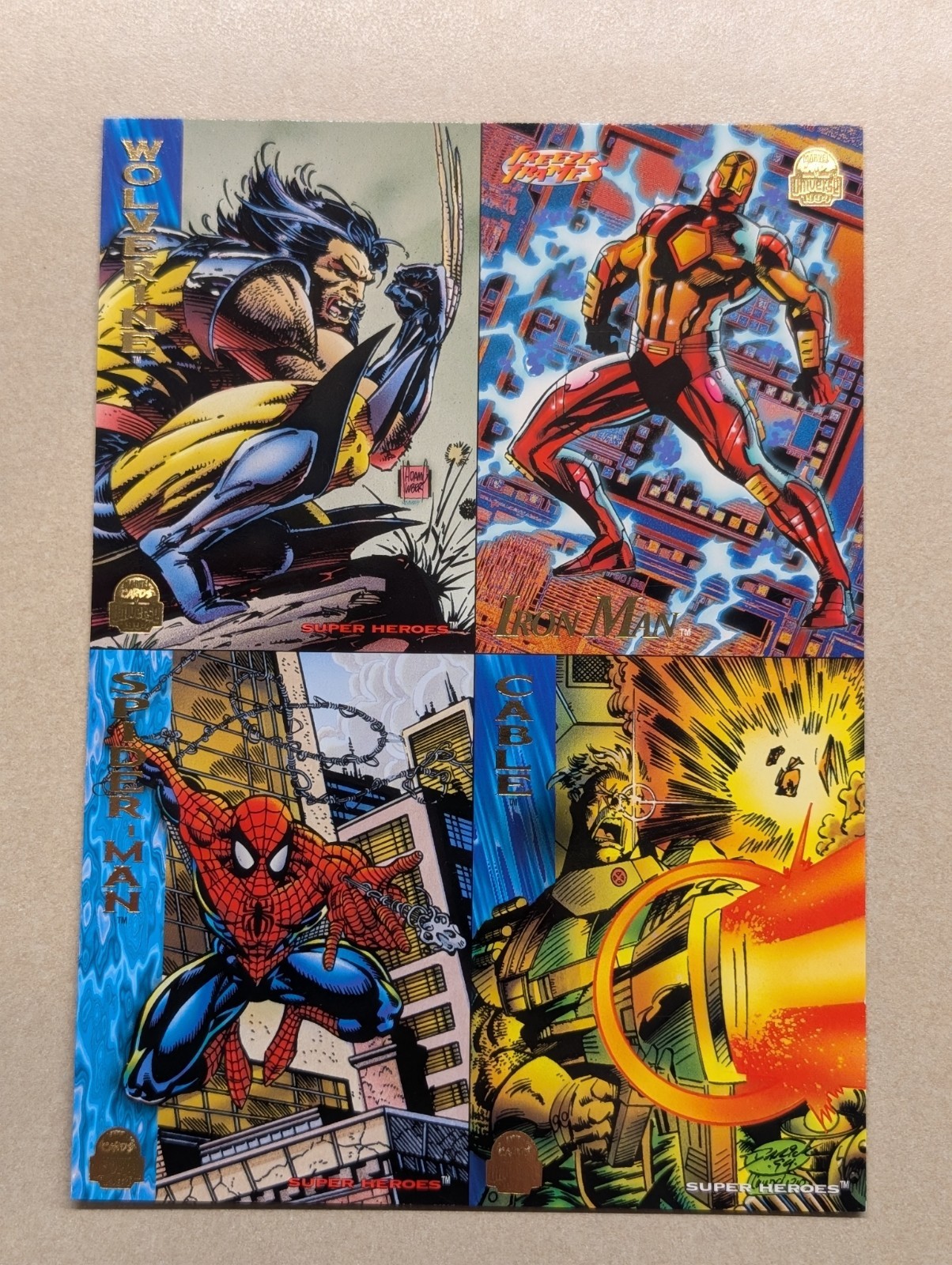 Foglio promozionale Fleer Ultra Marvel Universe 1994 non tagliato 4 carte Wolverine & Spiderman