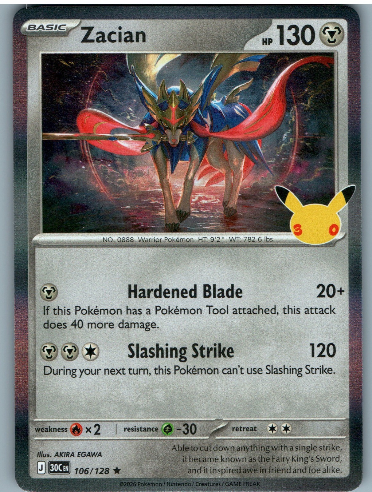Zacian 106/128 Raro ME: 30° Celebrazione Pokemon Holo Near Mint