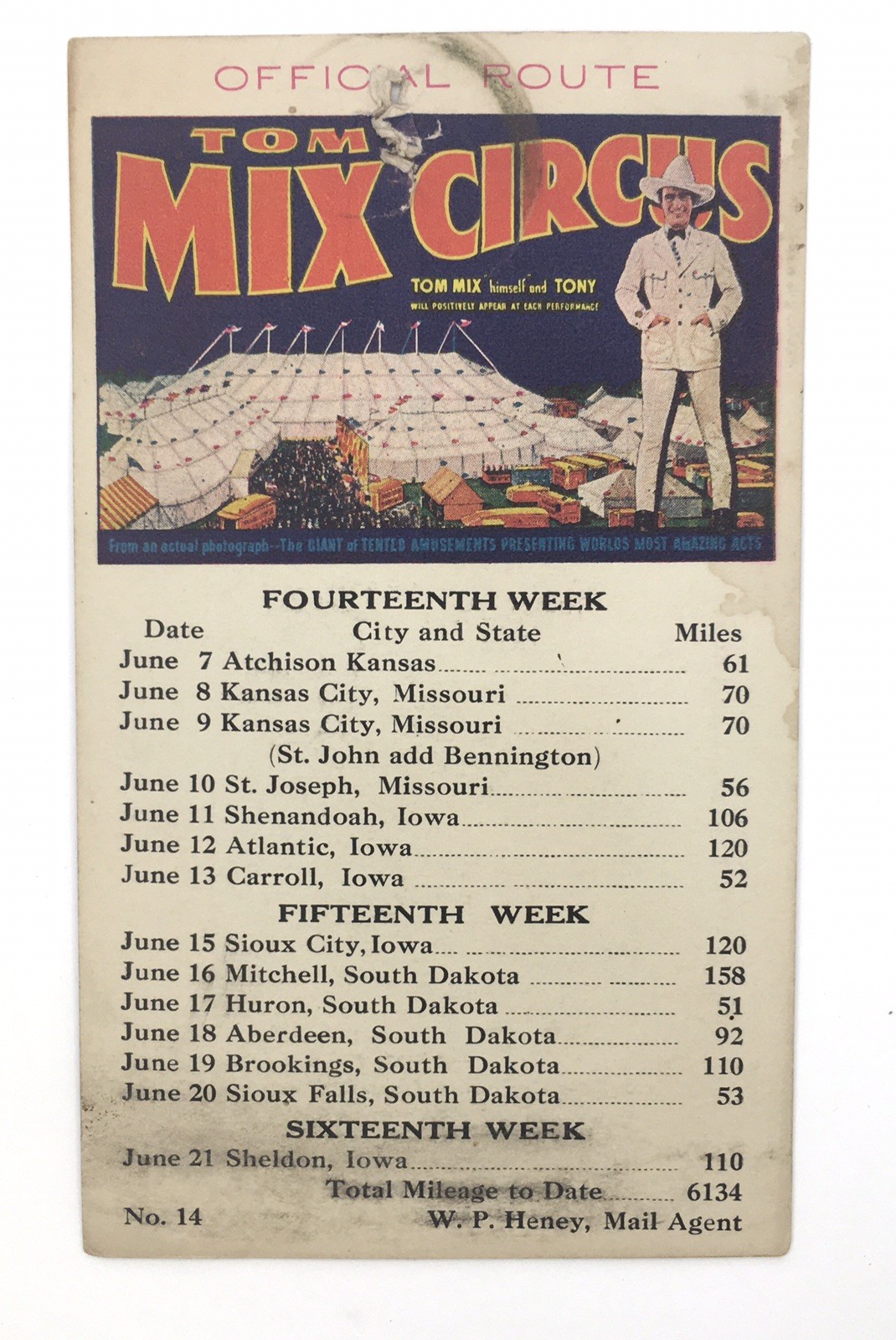Tom Mix Circus Biglietto Itinerario Ufficiale Quattordicesima Settimana Spettacoli Miglia Città 14-16