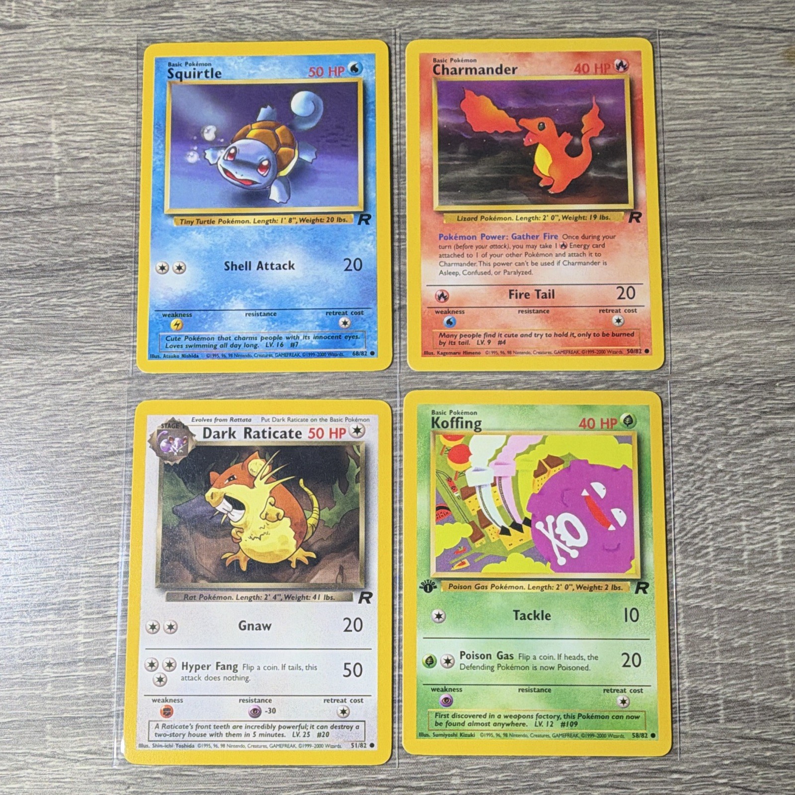 Lotto razzi tutti (LP) Squirtle 66, Charmander 50, Dark Raticate 51 e Koffing 58