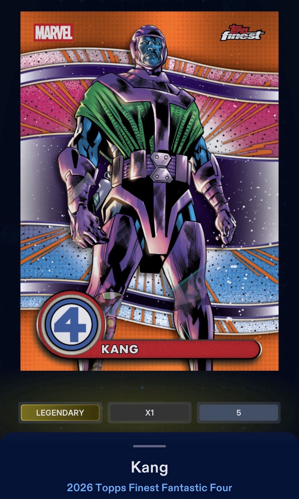 DIGITAL Topps Marvel Kang 2026 Finest F4 arancione rifrattore base leggendaria /25!!