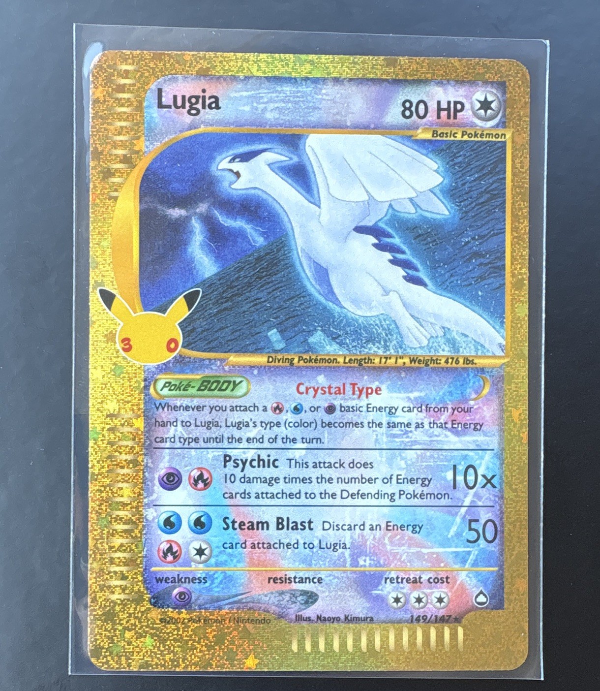 Carta Pokemon Cristallo Lugia 30° Anniversario (149/147) Holo Rara Oro TCG