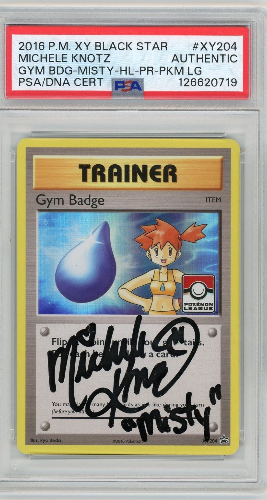 PSA AUTHENTIC Michele Knotz SIGNED - Pokemon League Promo Gym Badge Misty XY204