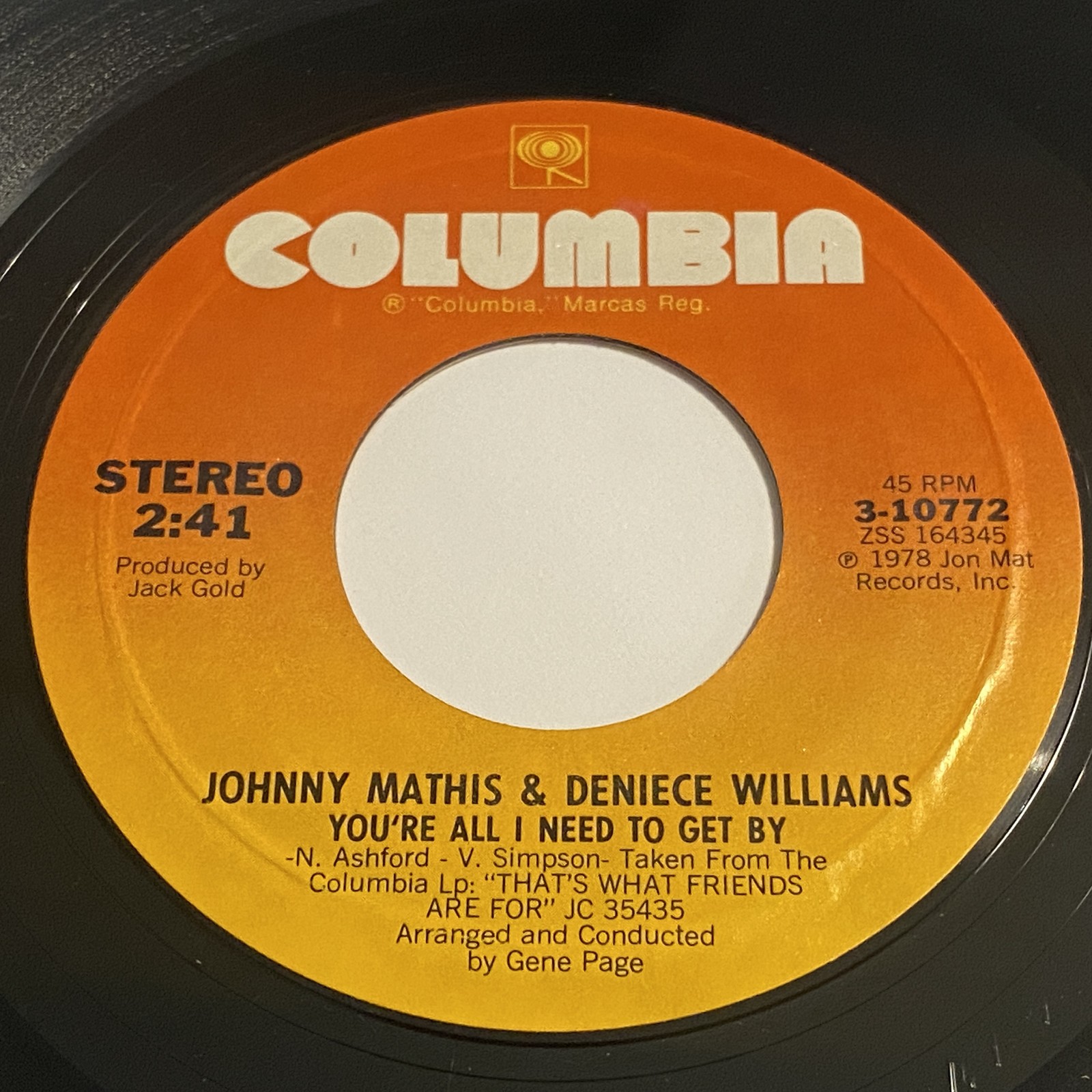 Johnny Mathis & Deniece Williams: You're All I Need To Get By 45 - Columbia