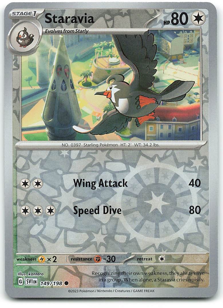 Staravia 149/198 Pokemon comune scarlatto e viola olografico inverso