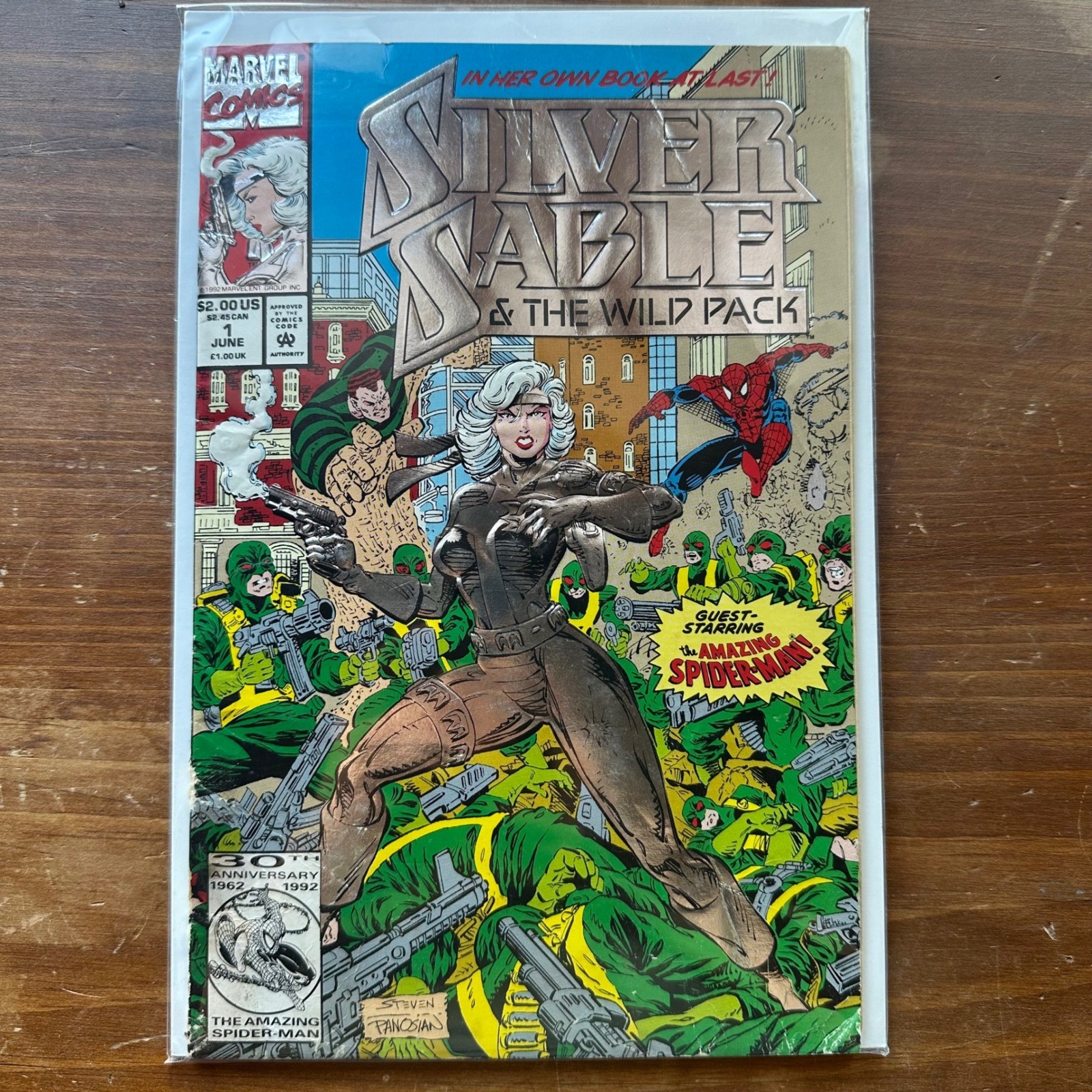 Marvel Silver Sable and the Wild Pack #1 1992 Silver Foil Spider-Man VG+ grezzo