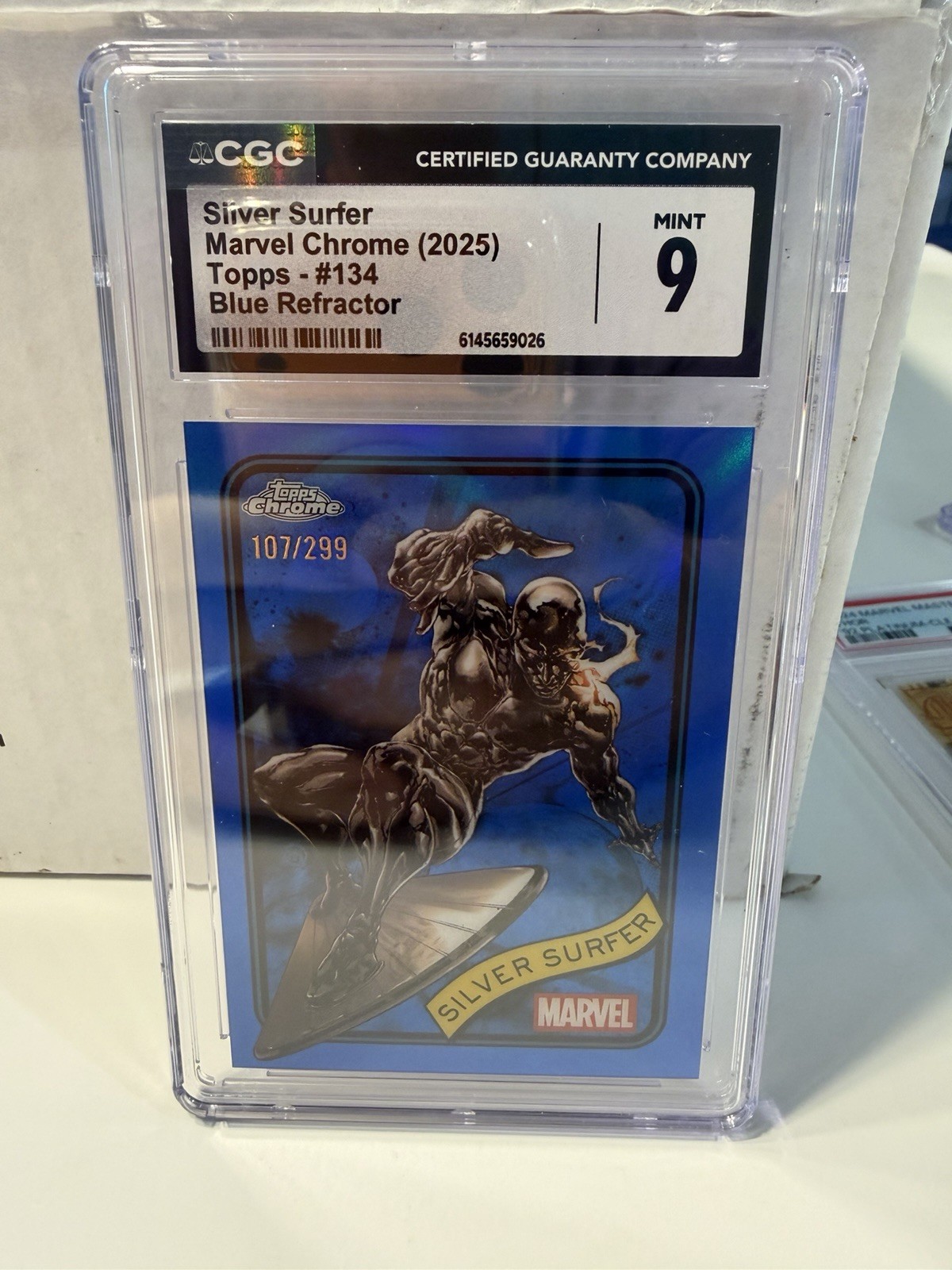 2025 Marvel Chrome Silver Surfer Blue rifrattore: Topps #134 CGC MINT 9 #107/299