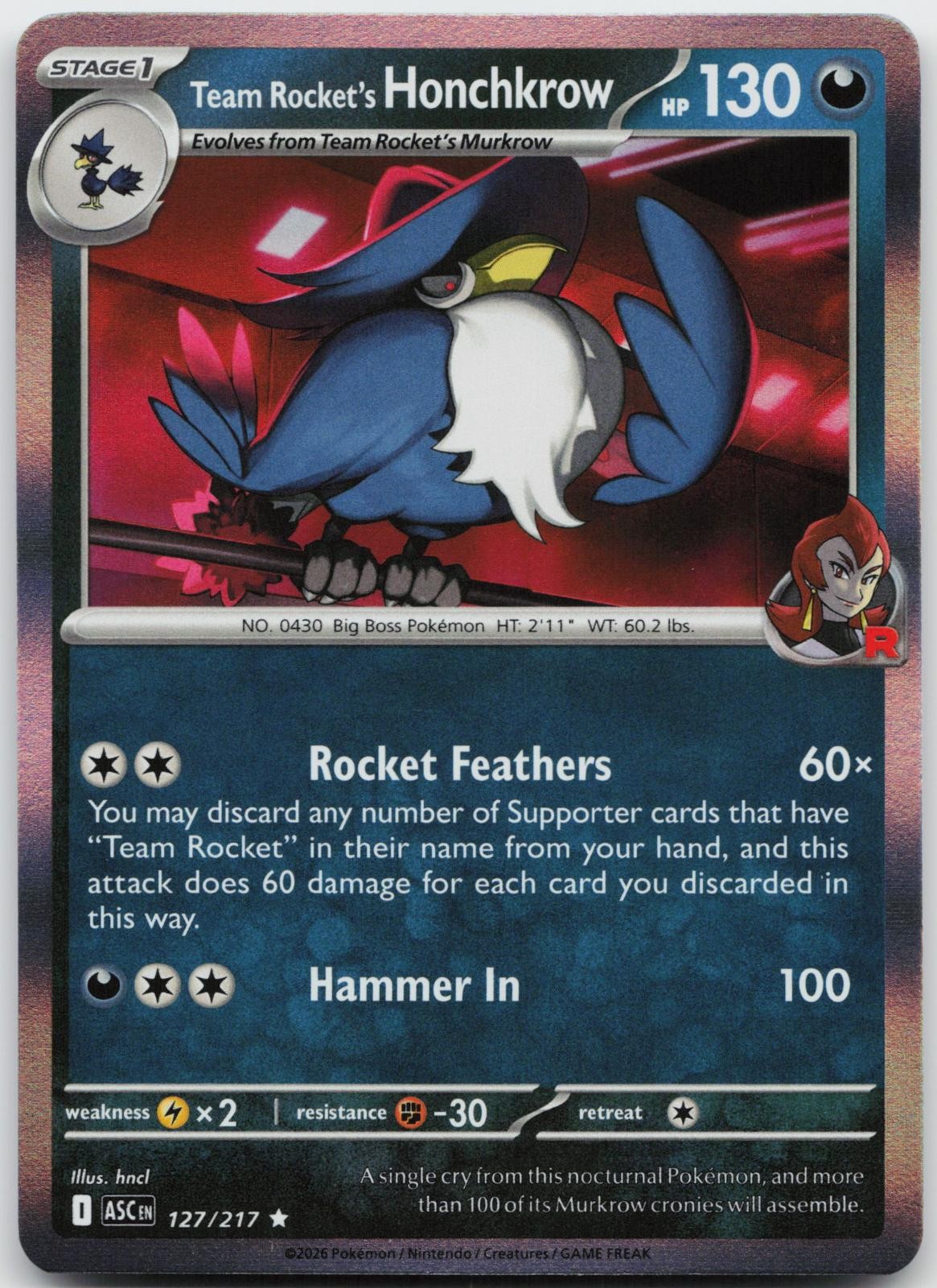 Team Rocket's Honchkrow 127/217 Raro Eroi Ascesi Pokemon Holo Near Mint