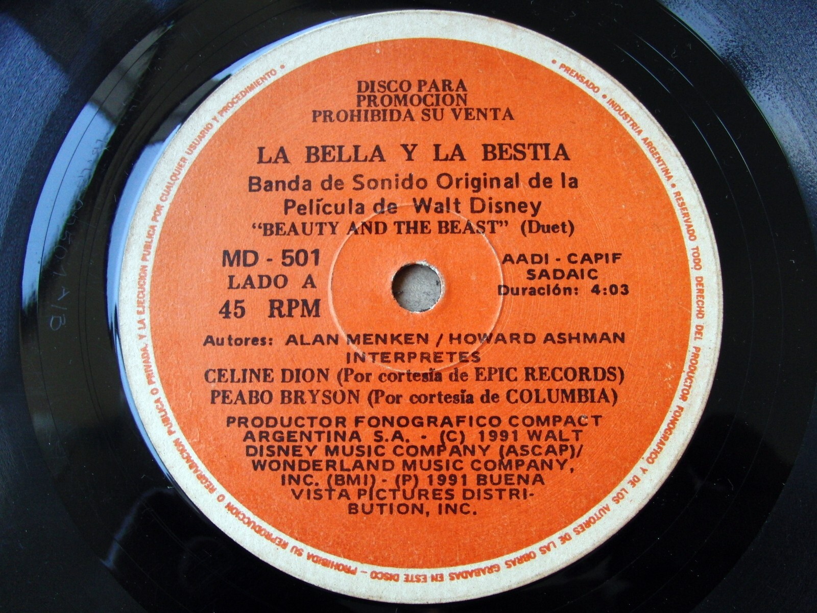 CELINE DION 45 Promo SOUTHAMERICA 7" Beauty And The Beast OST 1991 Peabo BRYSON