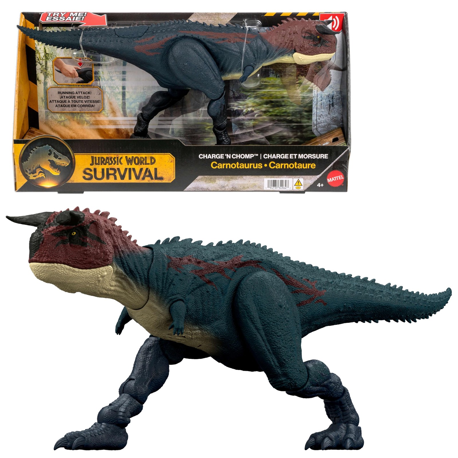 Mattel Jurassic World - Carnotauro Charge 'N Chomp, dinosauro con ruggiti che co