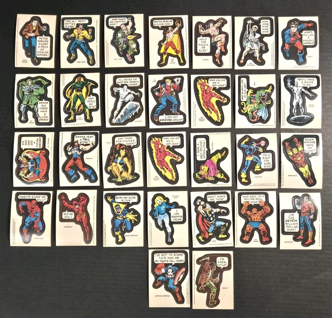 Lotto (30) 1976 Topps Marvel Adesivi Sticker Cards Spiderman Capt. America 