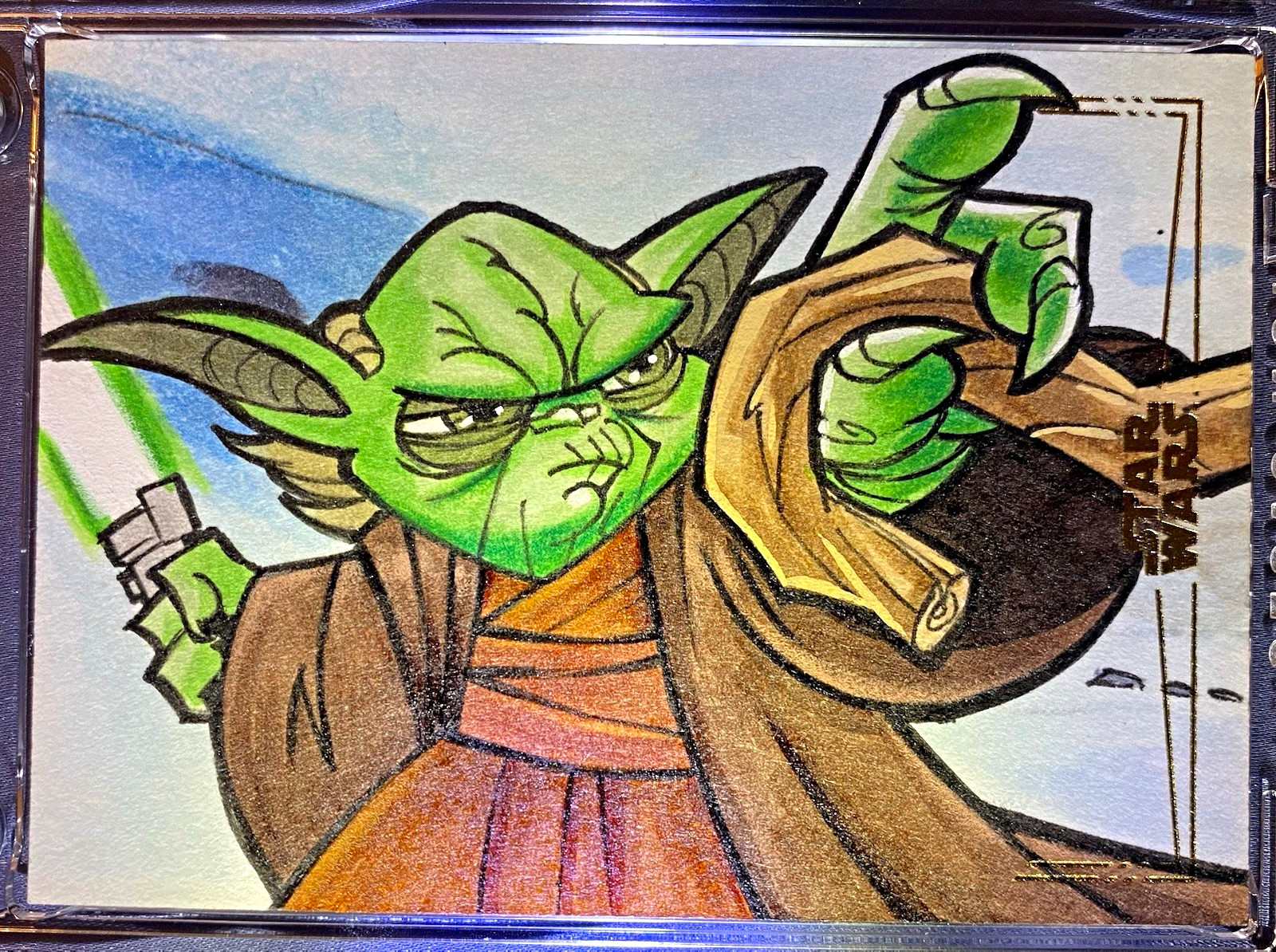 Carta schizzo Topps Star Wars Gold Foil Yoda artista firma carta schizzo