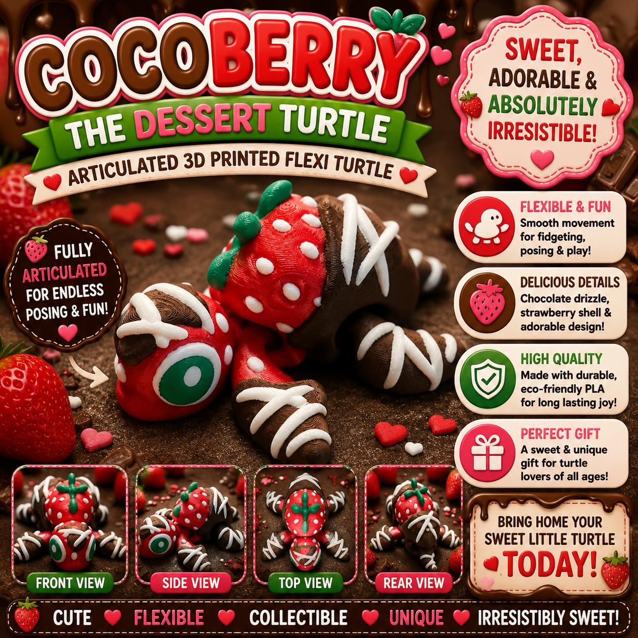 Tartaruga fragola ricoperta di cioccolato stampata in 3D articolata flessibile tartaruga dessert