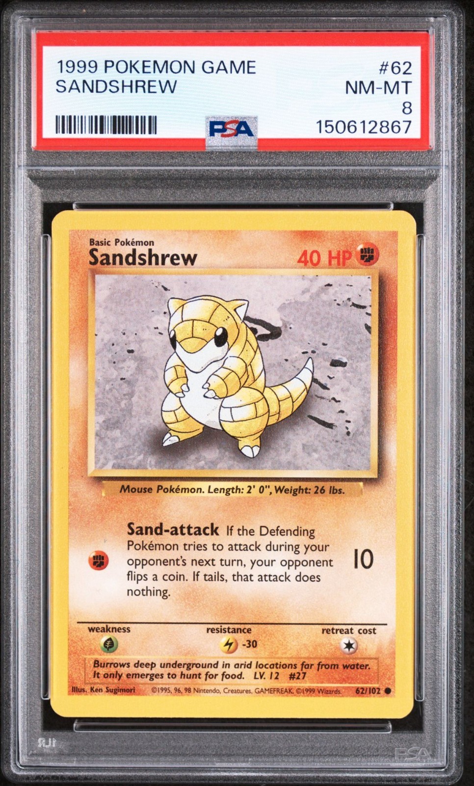 Gioco Set Base 1999 #62 Sandshrew quasi nuovo PSA 8 Pokemon