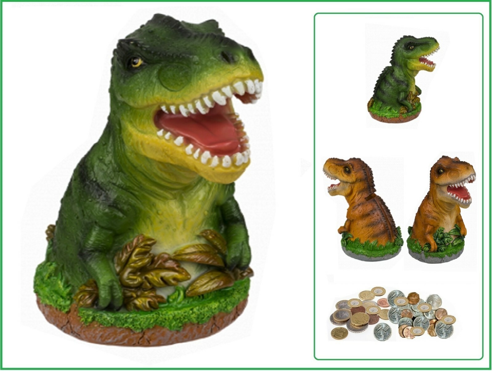 Salvadanaio Dinosaurio Dino Tyrannosaurus Risparmiatore Polyresina Verde 13x15cm