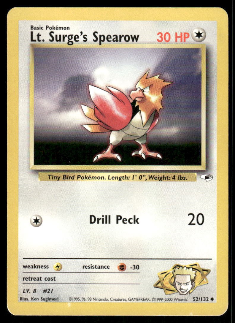 Pokemon Cards Lt. Surge's Spearow 52/132 Unlimited Gym Heroes Uncommon LP