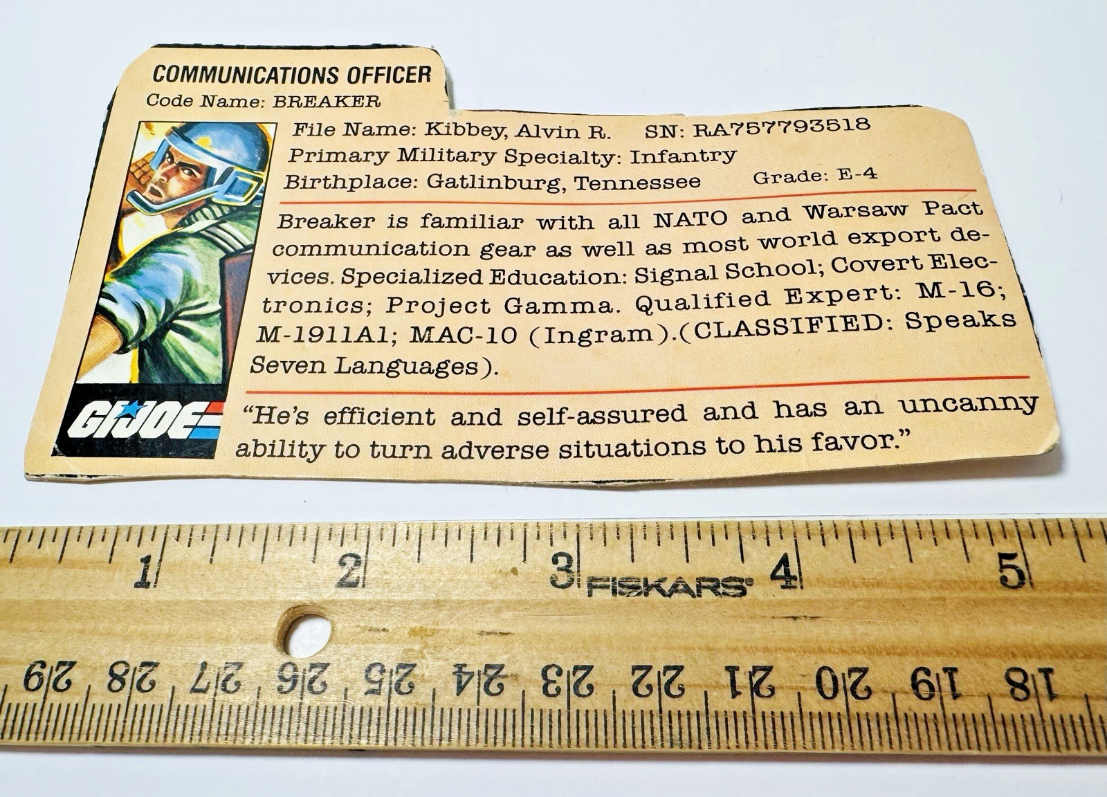 Vintage 1982 GI Joe Breaker Ufficiale Comunicazione Solo Scheda File