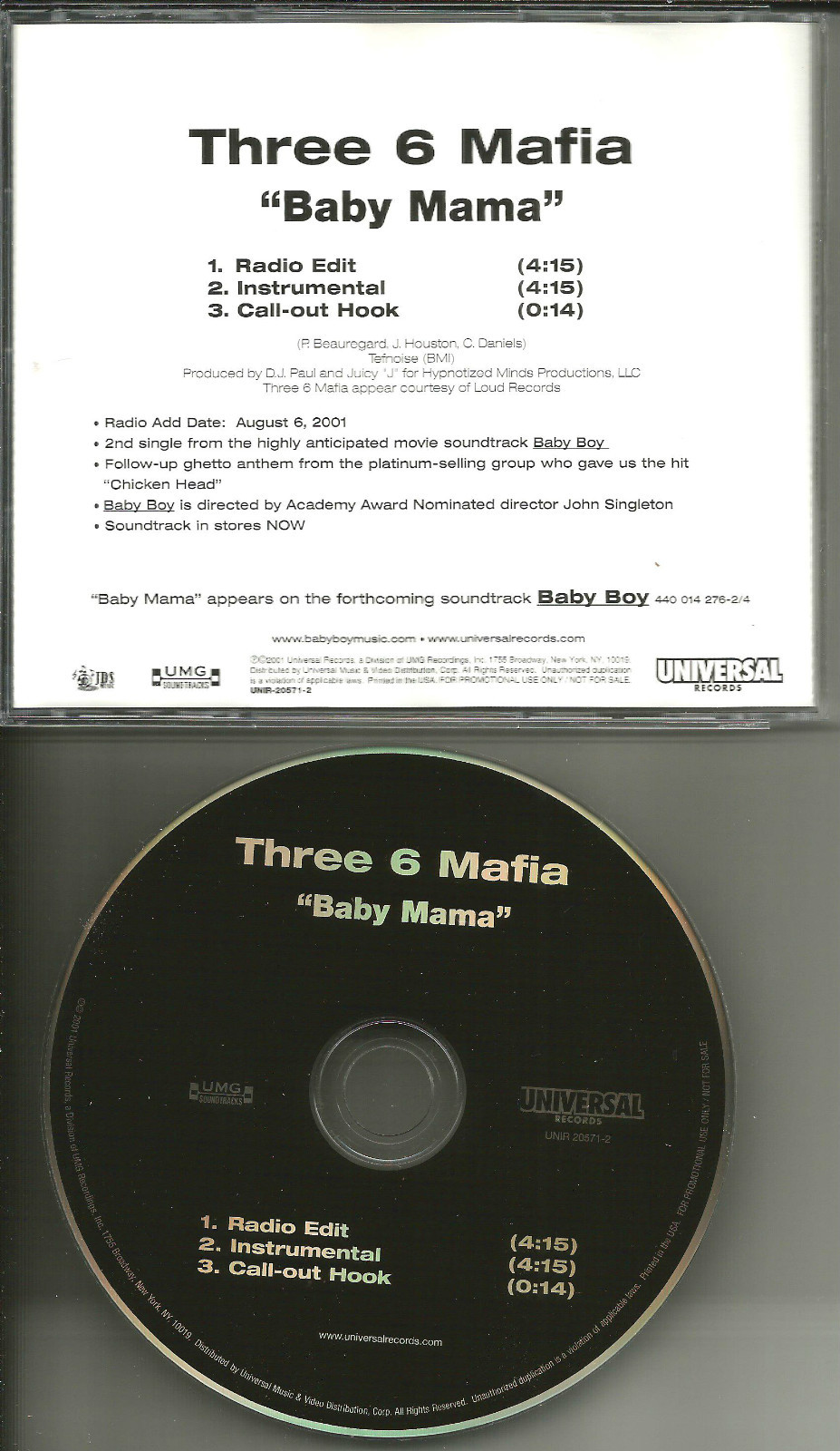 THREE 6 MAFIA Baby Mama w/RARE EDIT & INSTRUMENTAL PROMO DJ CD Single 2001 USA