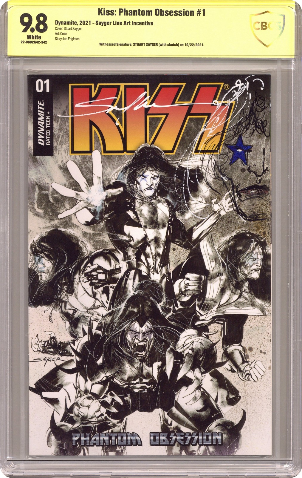 Kiss Phantom Obsession 1H Sayger Line Art 1:20 CBCS 9.8 Witnessed Sig 2021