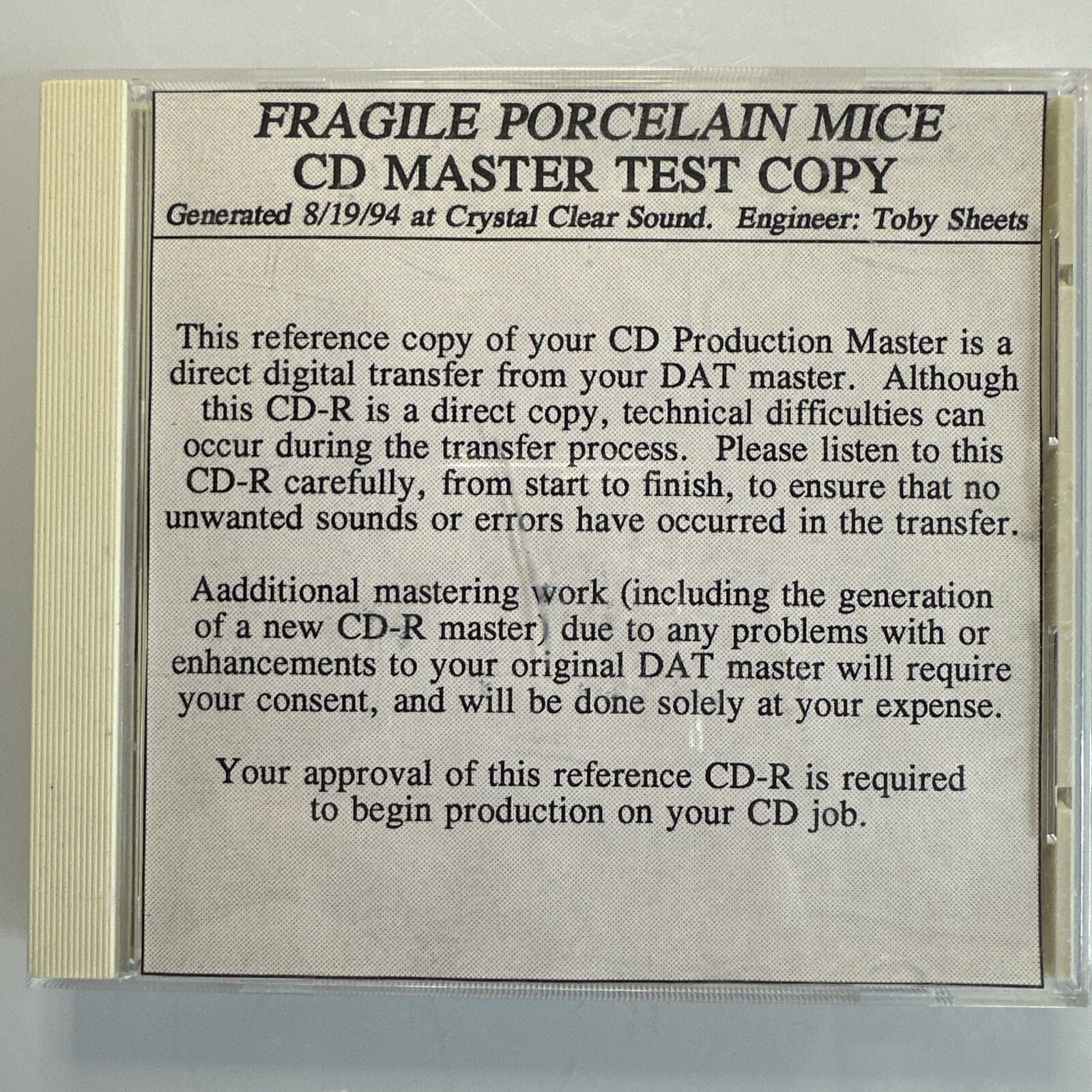 Fragile Porcellana Topi CD Master Prova Copia st Louis Missouri Band