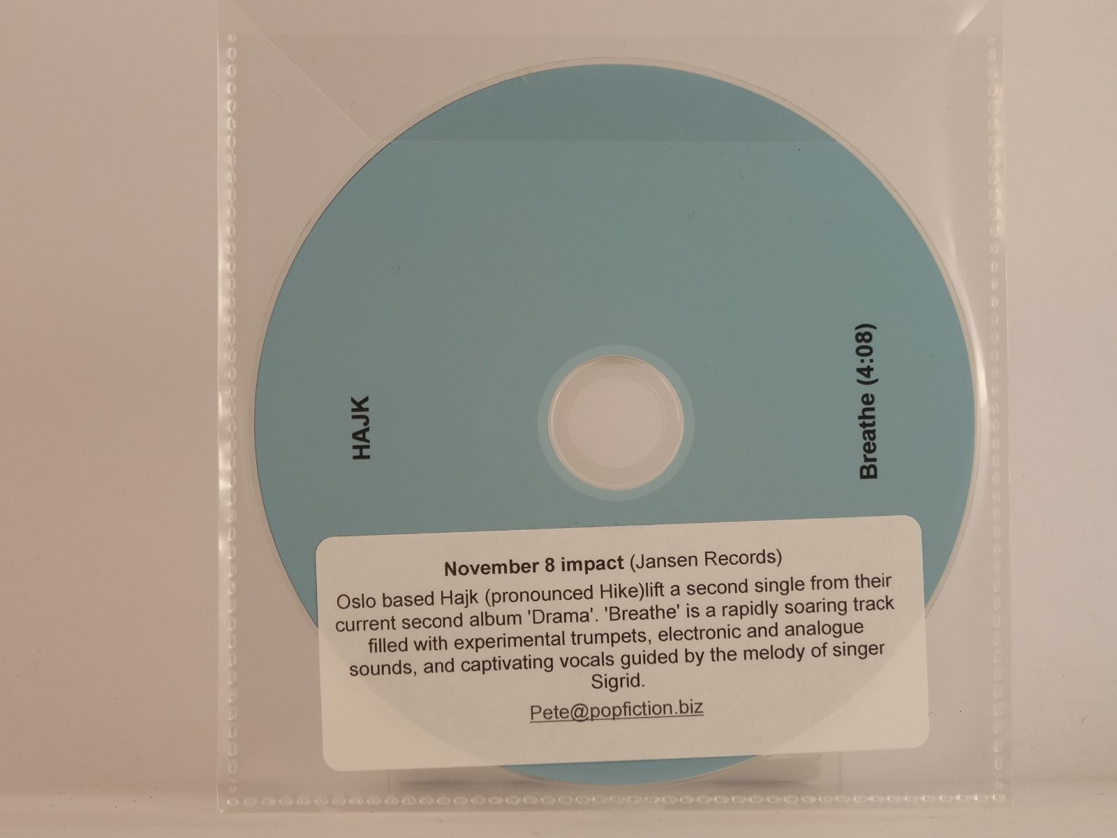 HAJK BREATHE (F66) 1 Track Promo CD Single plus Plastic Sleeve 