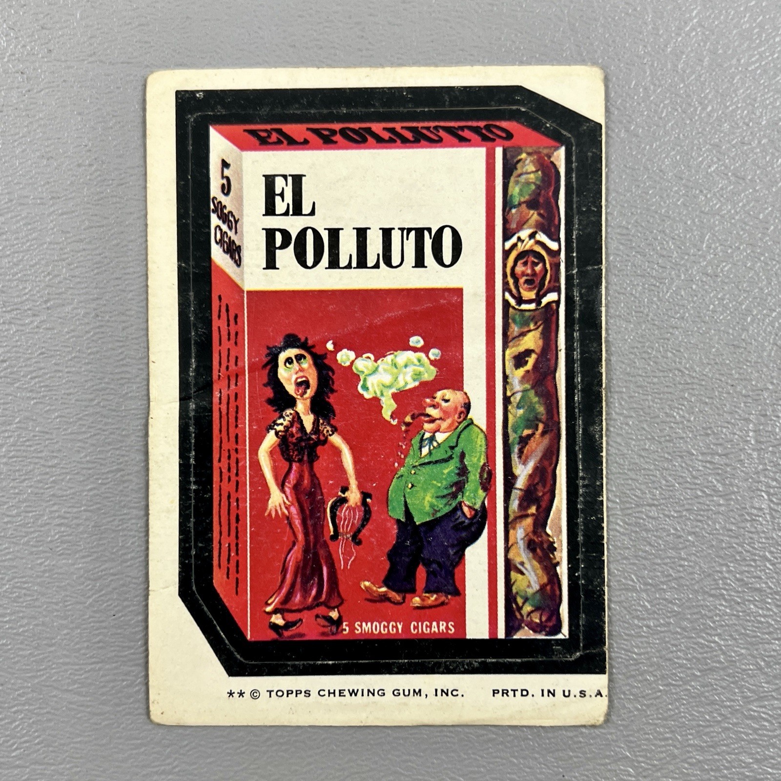 Topps 1974 Wacky Packages adesivo inutilizzato El Polluto 5 sigari smoggy USA