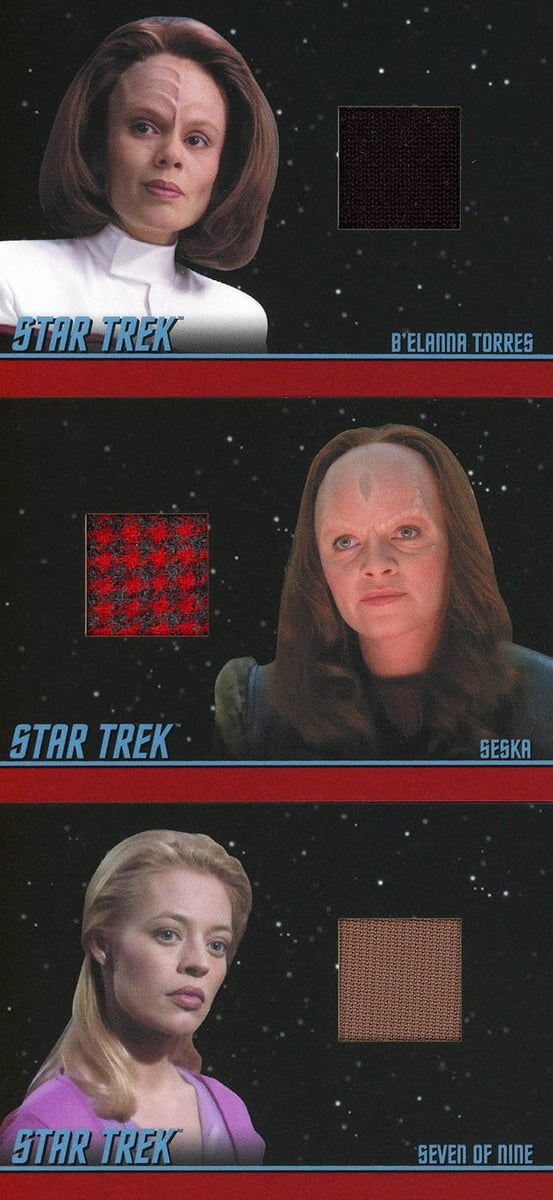 STAR TREK VOYAGER ARCHIVI E ISCRIZIONI COSTUME RELIQUIA SET COMPLETO 3 CARTE