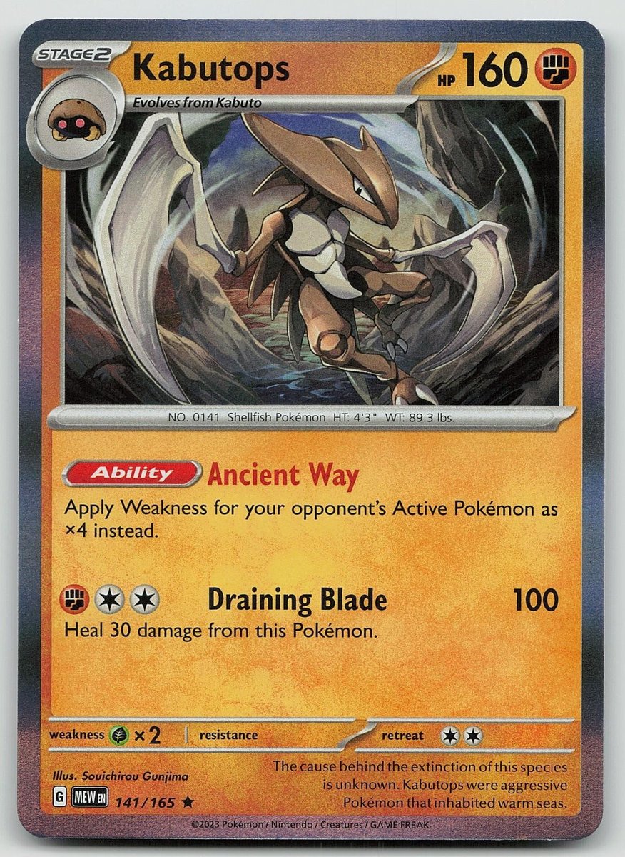Pokemon Kabutops 141/165 151 Raro Holo quasi nuovo