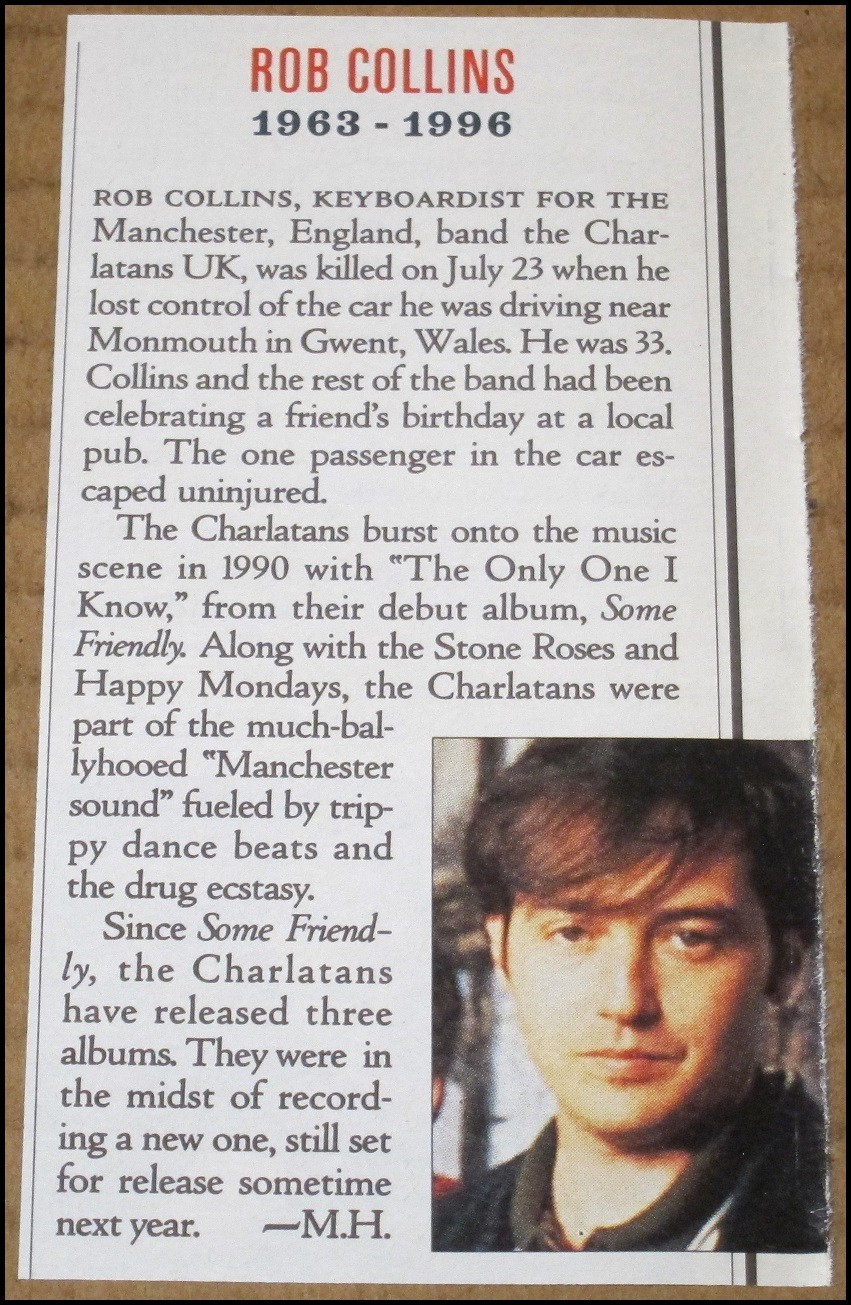 1996 Rob Collins The Charlatans RS Clipping 2,5"x4,75" Death Passing 1963-1996