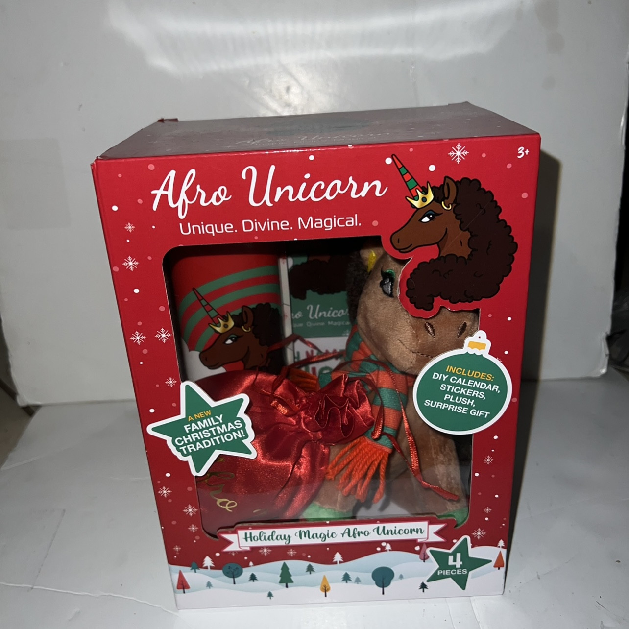 Afro Unicorn Holiday Magic Boxed Plush Set Brown Includes Calendar Stickers