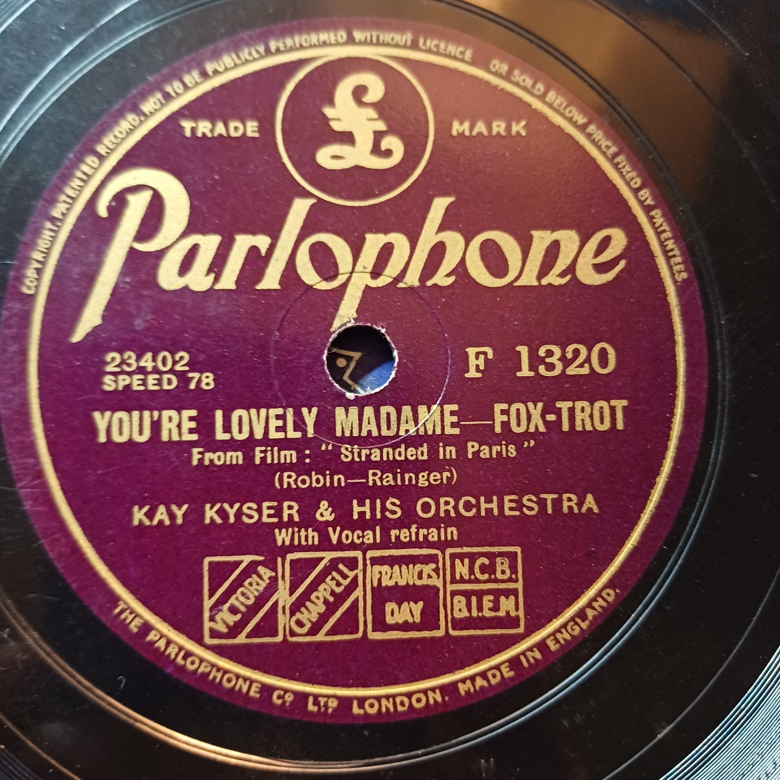 KAY KYSER You're Lovely Madame PARLOPHONE F1320 10" 78RPM Gramophone Record