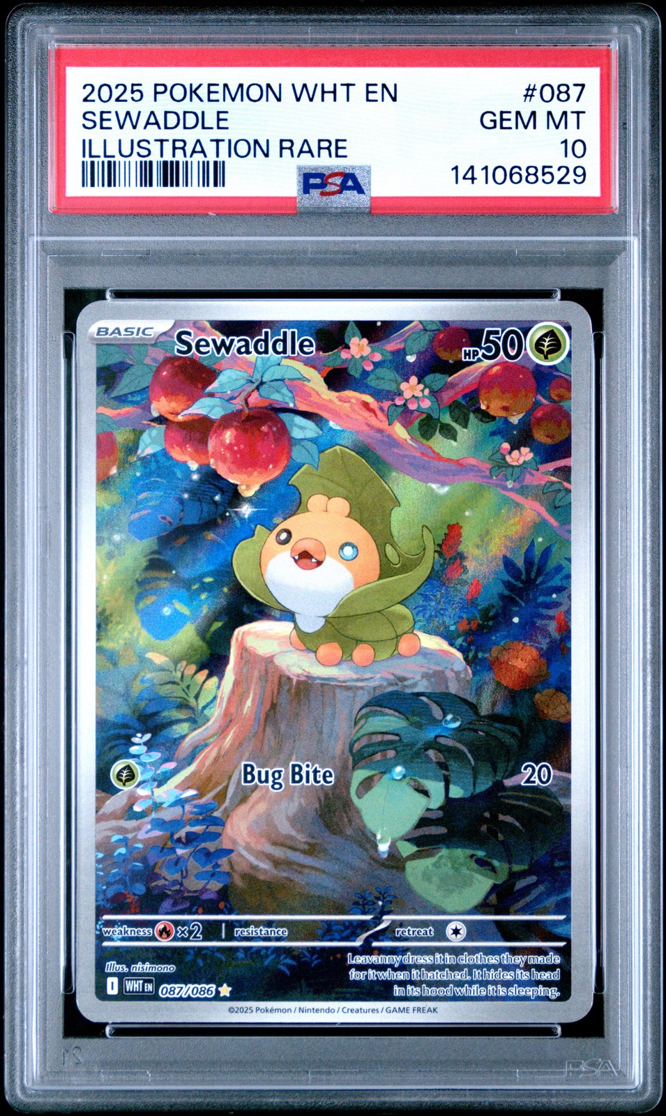 2025 POKEMON BIANCO E BIANCO FLARE ILLUSTRAZIONE RARA #087 SEWADDLE PSA 10