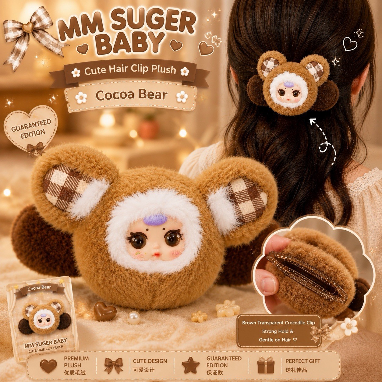 MM SUGER BABY CUTE HAIR CLIP PLUSH COCOA BEAR GUARANTEED BOXED NEW