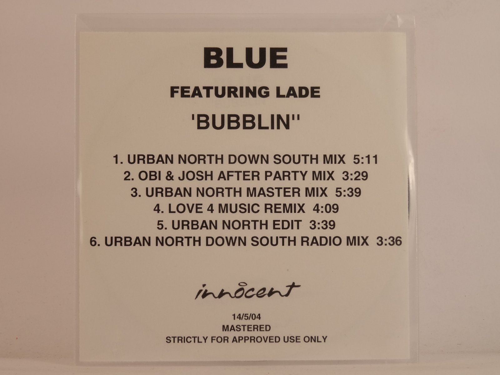 BLUE FT LADE BUBBLIN (H1) 6 Track Promo CD Single plus White Sleeve INNOCENT