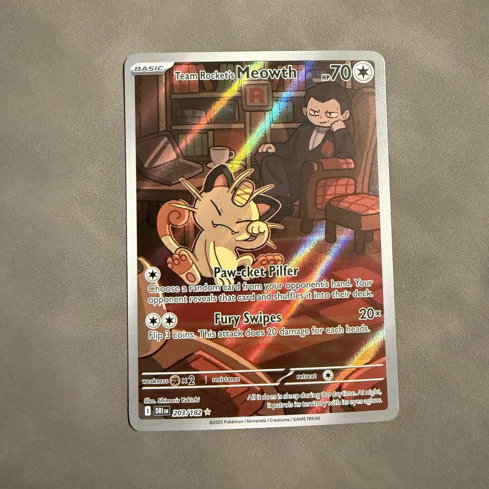 Pokémon Team Rocket's Meowth 203/182 Sv10: Destined Rivals Holo NM