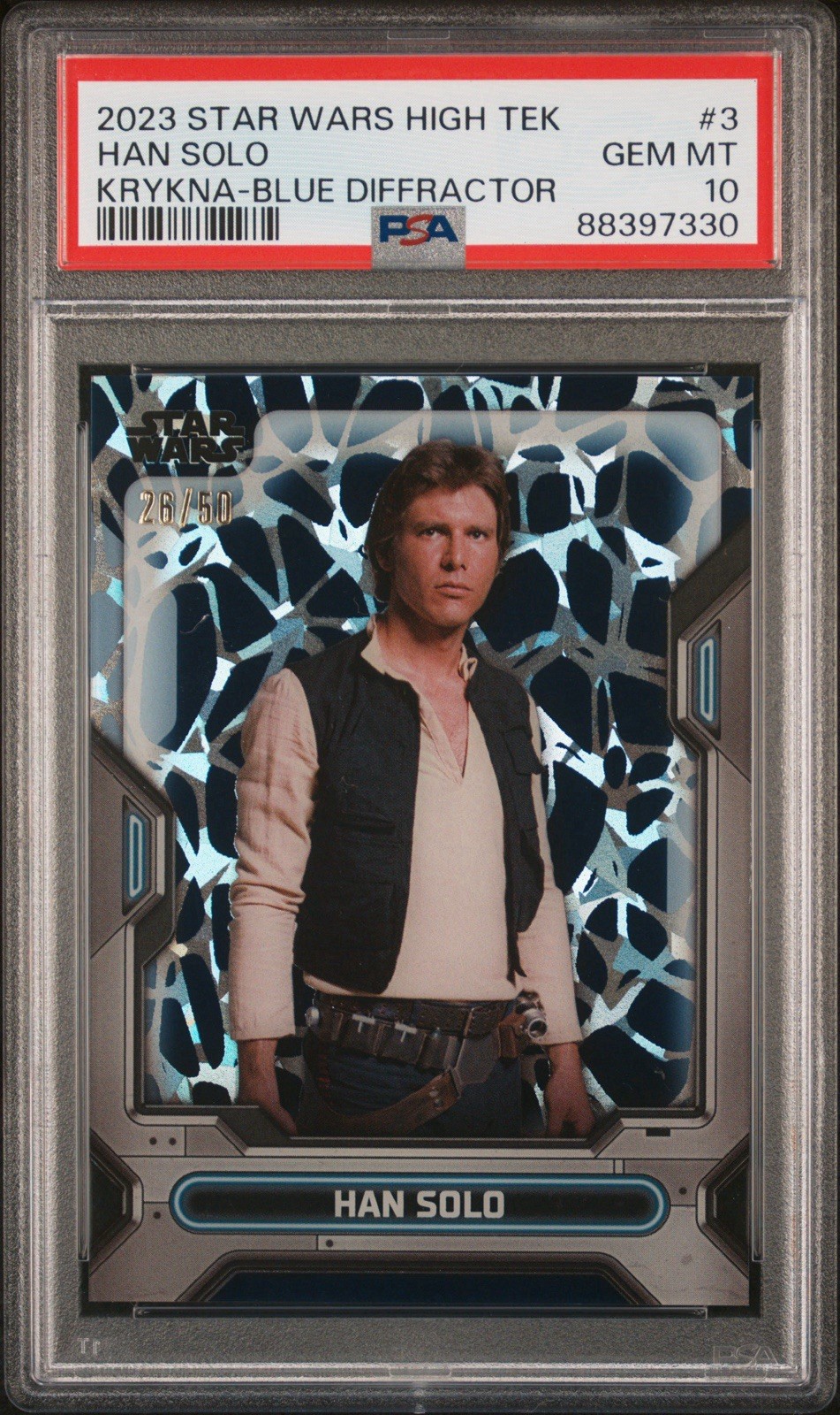 Topps 2023 Star Wars High Tek Han Solo Krykna-Blue Diffrattore #3 PSA 10 26/50